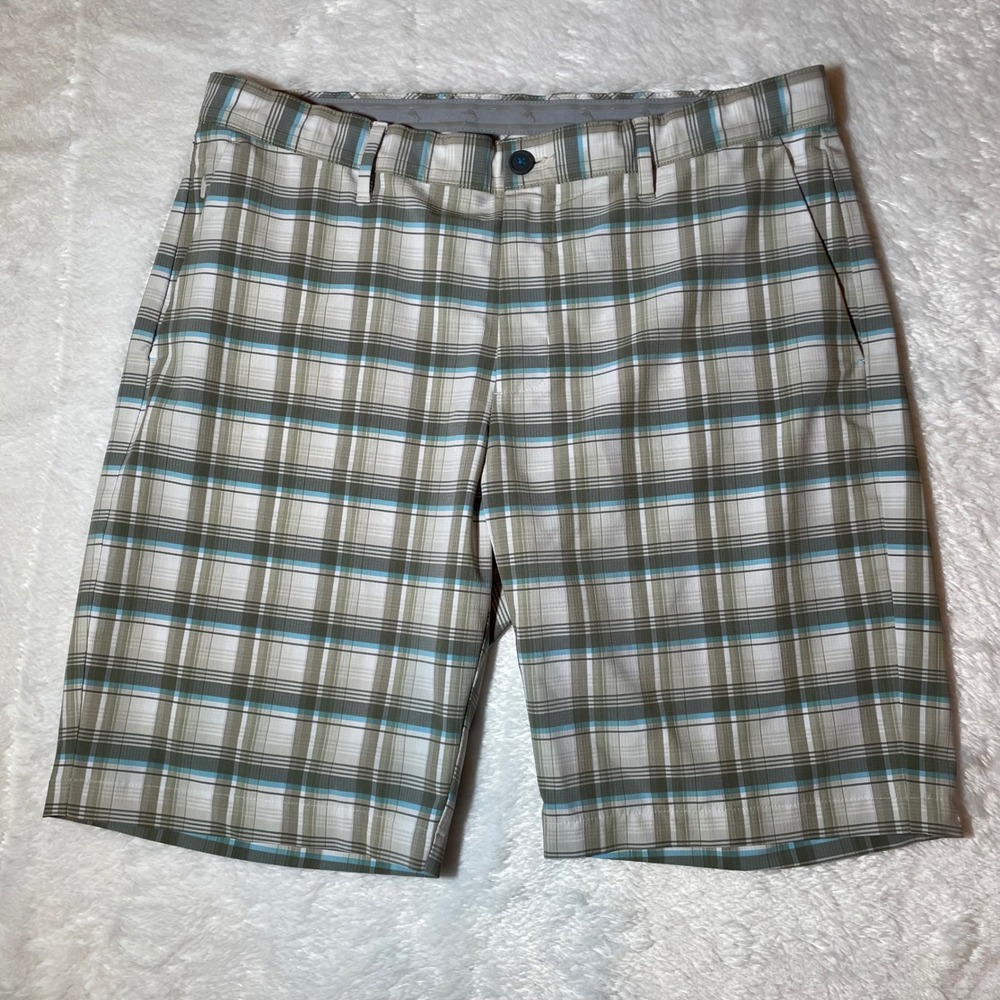 Tommy Bahama Men Plaid Golf Shorts Tan Blue White Stretch 36 Flat Front Coastal